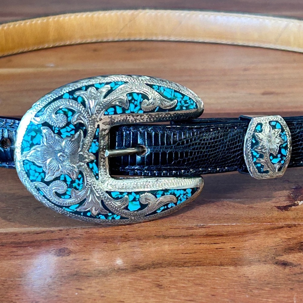 Al Beres USA Black Lizard Leather Belt Alpaca Mexico Turquoise Chip Buckle 28